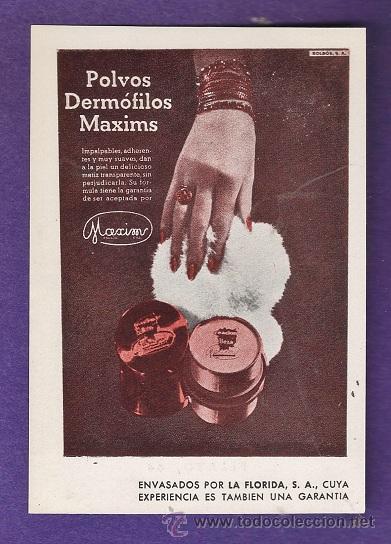 Cat&aacute;logos publicitarios: anuncio publicitario - farmacia - polvos dermofilos maxims - hoja de 8'5 x 12'5 - a&ntilde;os 40
