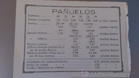 Werbekataloge: ANTIGUA HOJA CATALOGO TARIFA DE PRECIOS PANUELOS DELANTALES PA&Ntilde;OS TOALLAS