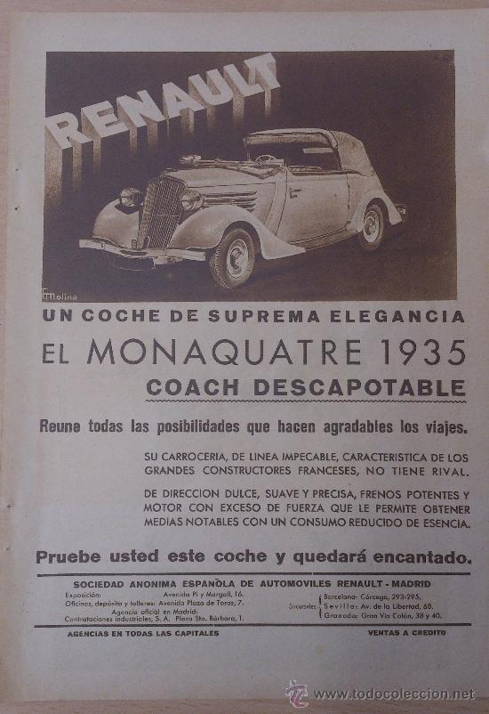 Werbekataloge: ANTIGUA HOJA PUBLICIDAD COCHE RENAULT MONAQUATRE 1935 DESCAPOTABLE