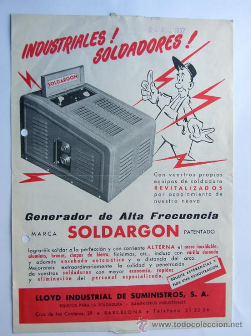 Cat&aacute;logos publicit&aacute;rios: PUBLICIDAD / SOLDARGON / EQUIPOS DE SOLDADURA / LLOYD INDUSTRIAL A&Ntilde;O 1957 / HOJA COMERCIAL