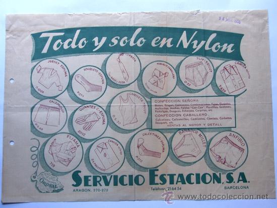 Cat&aacute;logos publicitarios: PUBLICIDAD / SERVICIO ESTACION S.A. / TODO Y SOLO EN NYLON / BARCELONA 1958 / HOJA COMERCIAL
