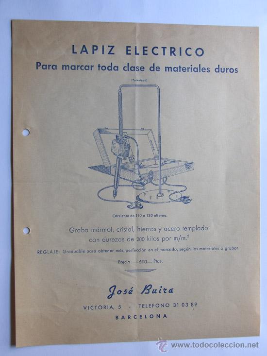 Cat&aacute;logos publicitarios: PUBLICIDAD / LAPIZ ELECTRICO PARA MATERIALES DUROS / JOSE BUIRA / BARCELONA / HOJA COMERCIAL