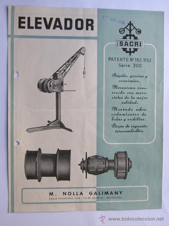 Cat&aacute;logos publicitarios: PUBLICIDAD / ELEVADOR SACRI / M. NOLLA GALIMANY / BARCELONA 1956 / HOJA COMERCIAL
