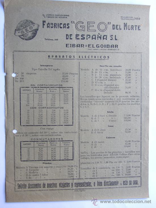 Cat&aacute;logos publicitarios: PUBLICIDAD / FABRICAS GEO DEL NORTE DE ESPA&Ntilde;A / EIBAR A&Ntilde;OS 50 / HOJA COMERCIAL