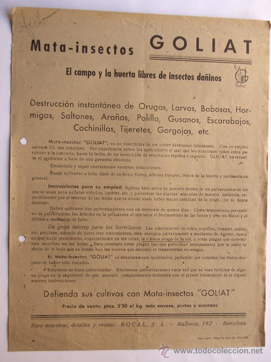 Cat&aacute;logos publicitarios: PUBLICIDAD / MATA INSECTOS GOLIAT / ROCAL, S.L. / BARCELONA A&Ntilde;OS 50 / HOJA COMERCIAL