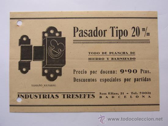 Cat&aacute;logos publicitarios: PUBLICIDAD / PASADOR TIPO 20 MM. / INDUSTRIAS TRESEFES / BARCELONA A&Ntilde;OS 50 / HOJA COMERCIAL