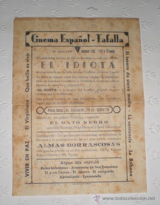 Catalogues publicitaires: Antiguo folleto publicidad del Cinema Espa&ntilde;ol - Tafalla. 1949. Estreno El Idiota. Poema al dorso.