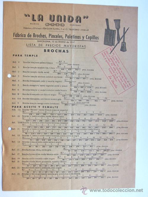 Cat&aacute;logos publicitarios: CATALOGO PUBLICIDAD / BROCHAS, PINCELES, PALETINAS Y CEPILLOS / LA UNIDA / BARCELONA / 1957
