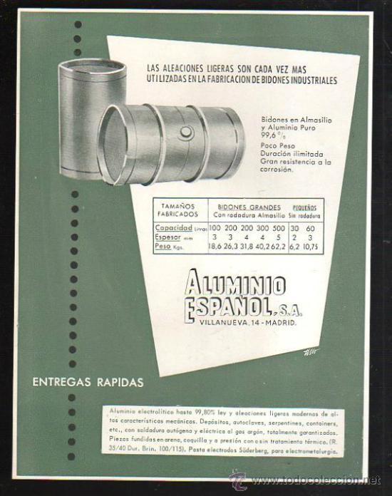Catalogues publicitaires: FOLLETO PUBLICITARIO DE BARRILES DE ALUMINIO. ALUMINIO ESPA&Ntilde;OL, MADRID