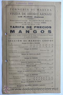 Werbekataloge: PUBLICIDAD / VIUDA DE ISIDRO ARNAU - TARIFA PRECIOS DE MANGOS MADERA / LAS PLANAS / GIRONA 1941