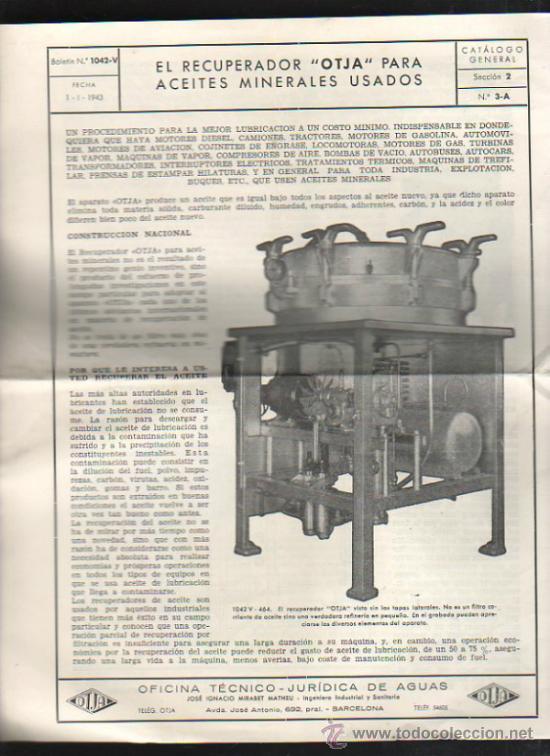 Catalogues publicitaires: CATALOGO DE RECUPERADOR OTJA PARA ACEITES MINERALES USADOS. 1943