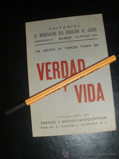 Cat&aacute;logos publicitarios: PUBLICIDAD DEL TERCER TOMO DE VERDAD Y VIDA, COLECCION HECHOS Y DICHOS CATEQUISTICOS. BILBAO.