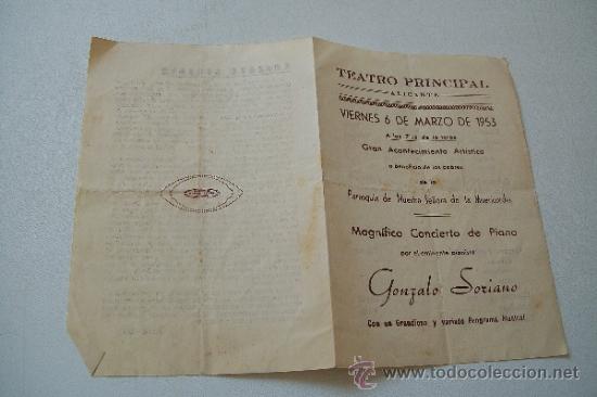 Werbekataloge: FOLLETO DE MANO DE: TEATRO PRINCIPAL ,ALICANTE VIERNES 6 DE MARZO DE 1953-DOS HOJAS