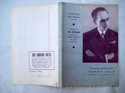 Cat&aacute;logos publicitarios: Folleto Publicidad: HOMENAJE A RAM&Oacute;N JUAN. 1952. TEATRO CASA DE LOS OBREROS