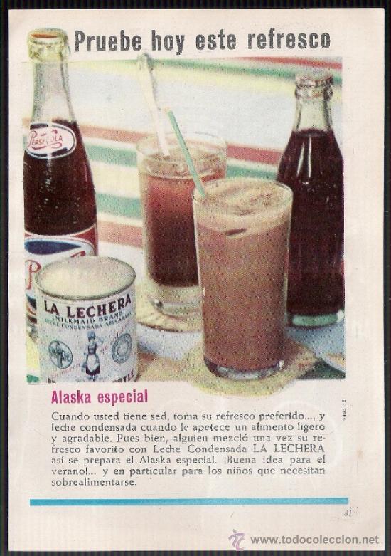 Cat&aacute;logos publicitarios: Anuncio publicitario de La Lechera, pepsi cola, Alaska, agosto de 1957