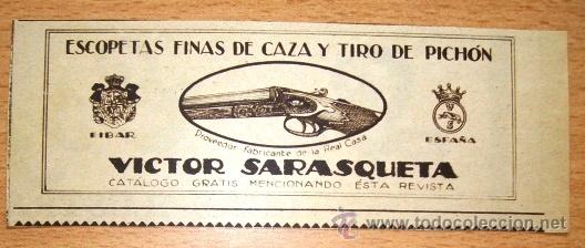 Werbekataloge: VICTOR SARASQUETA - ESCOPETAS DE CAZA Y TIRO PICHON (EIBAR) - RECORTE REVISTA 1929