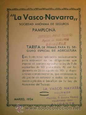 Advertising Catalogs: DIPTICO PUBLICITARIO DE LA VASCO NAVARRA SOCIEDAD ANONIMA DE SEGUROS PAMPLONA 1934