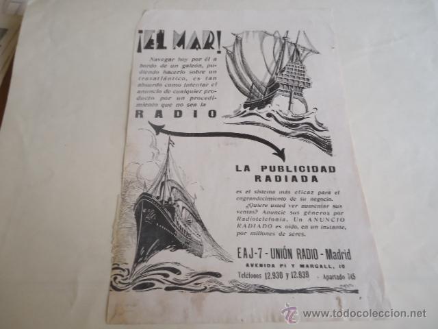 Cat&aacute;logos publicit&aacute;rios: 1926 - hoja - publicidad radiada, union radio madrid,