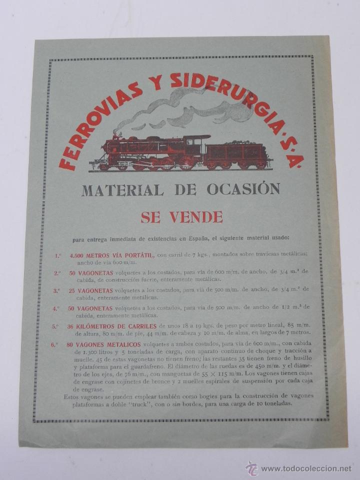 Cat&aacute;logos publicit&aacute;rios: HOJA DE PUBLICIDAD DE FERROVIAS Y SIDERURGIA S.A. VENDE MATERIAL DE OCASION FERROVIARIO, MIDE 27 X 2