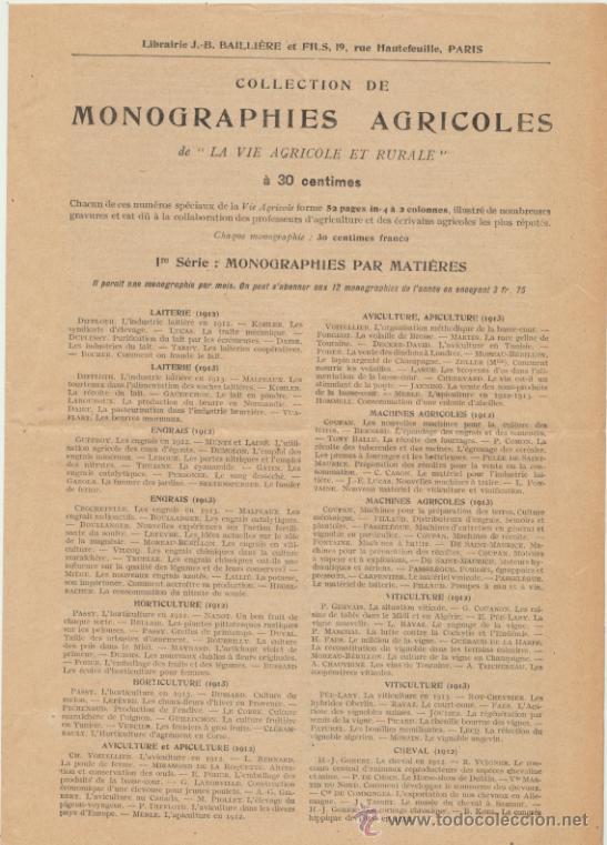 Advertising Catalogs: Collection de Monographies Agricoles. Librairie Bailli&eacute;re-Paris  1914. (2 hojas)