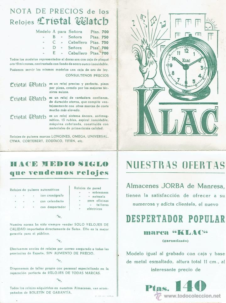 Werbekataloge: CATALOGO PUBLICITARIO RELOJES KLAC Y CRISTAL WATCH-ALMACENES JORBA-MANRESA.