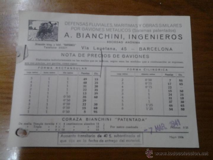 Werbekataloge: ANTIGUA TARJETA PUBLICIDAD TARIFA DE PRECIOS BIANCHINI INGENIEROS GAVIONES BARCELONA 1941