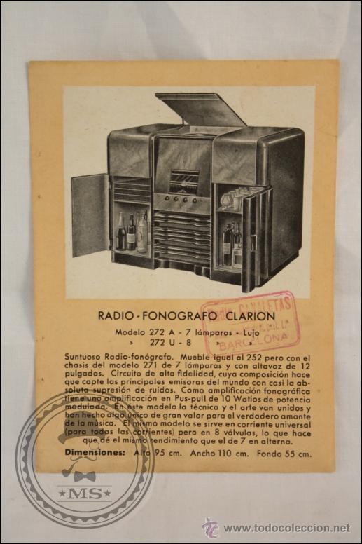 Advertising Catalogs: Antigua Hoja de Publicidad - Radio-Fon&oacute;grafo Clarion - Sello de Radio Canaletas, Barcelona