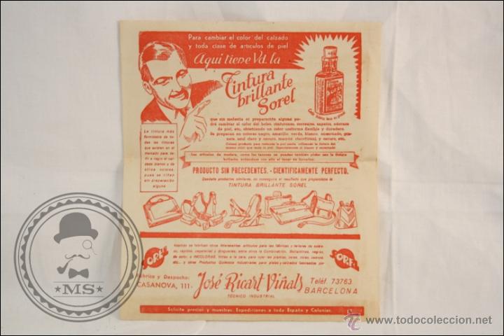 Advertising Catalogs: Antigua Hoja de Publicidad - Tintura Brillante para Calzado Sorel - Jos&eacute; Ricart Vi&ntilde;als