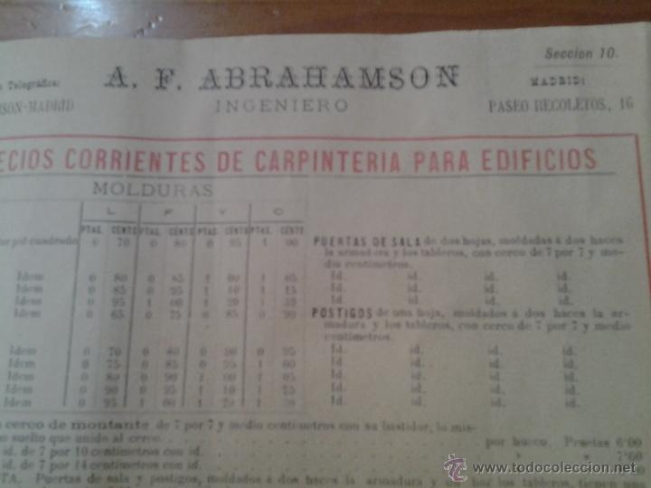 Cat&aacute;logos publicitarios: PUBLICIDAD TARIFA DE PRECIOS CARPINTERIA PARA EDIFICIOS A.F. ABRAHAMSON INGENIERO MADRID S. XIX