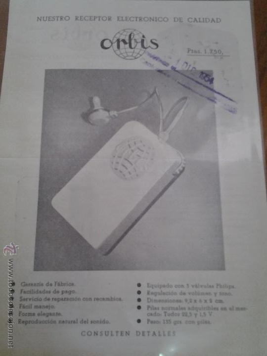 Werbekataloge: ANTIGUA HOJA PUBLICIDAD CATALOGO RECEPTOR ELECTRONICO ORBIS MADRID