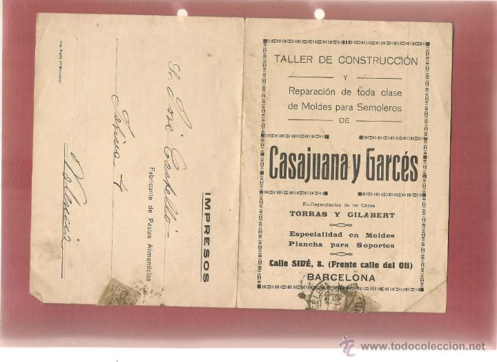 Cat&aacute;logos publicitarios: PUBLICIDAD CASAJUANA Y GARCES BARCELONA reparaci&oacute;n moldes para semoleros al dorso carta 1922