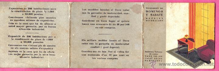 Cat&aacute;logos publicitarios: TR&Iacute;PTICO PUBLICITARIO DE SUCESORES DE DOMINGO Y SABATE. MUEBLES DECORACI&Oacute;N. BARCELONA. ANT. A 1940.