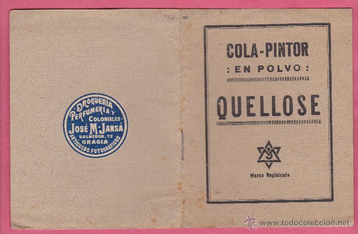 Cat&aacute;logos publicitarios: FOLLETO PUBLICITARIO DE COLA PINTOR EN POLVO QUELLOSE. REPRESENTANTE JORGE SZ&Eacute;L, BARCELONA, S/F.