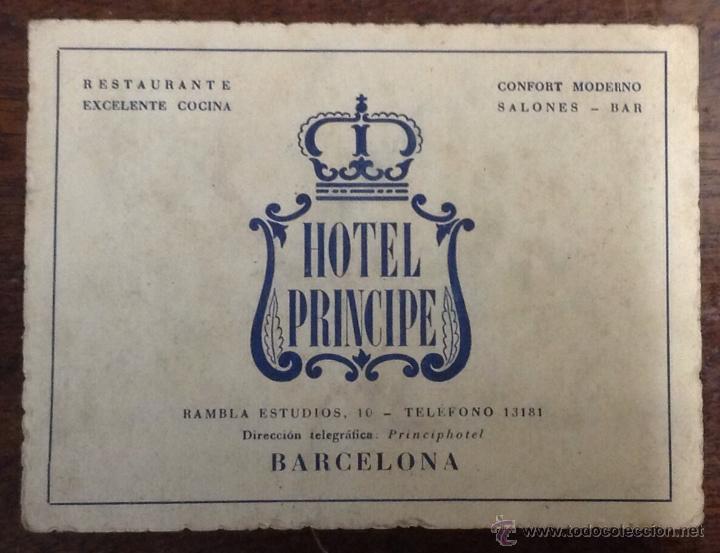Cat&aacute;logos publicitarios: HOTEL PRINCIPE. RAMBLA ESTIDIOS, 10. BARCELONA. TARJETA DE VISITA. 9 x 12 cm. Publicidad.