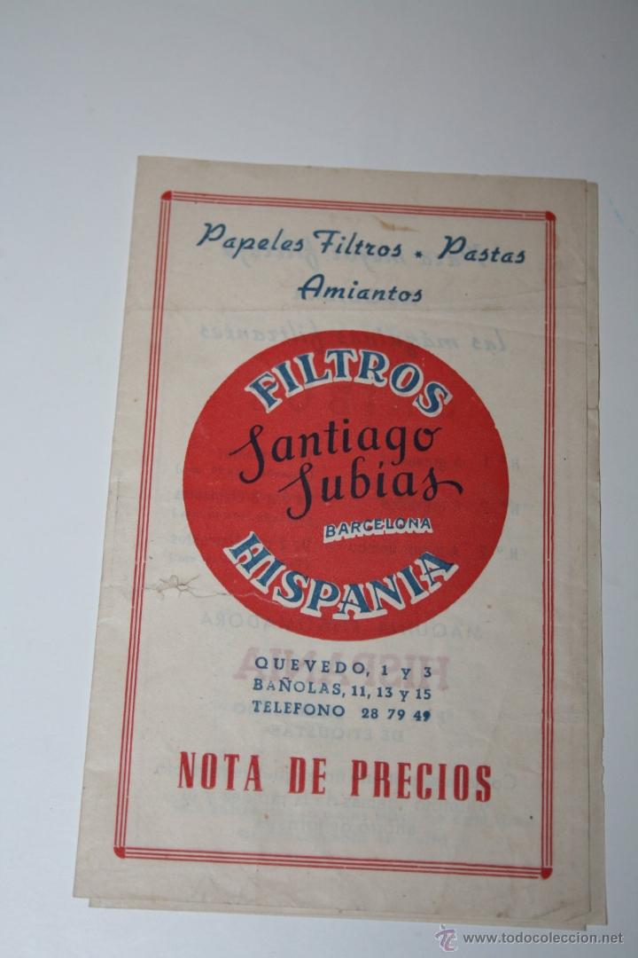 Advertising Catalogs: FILTROS HISPANIA - SANTIAGO SUBIAS -  BARCELONA -  NOTA DE PRECIOS