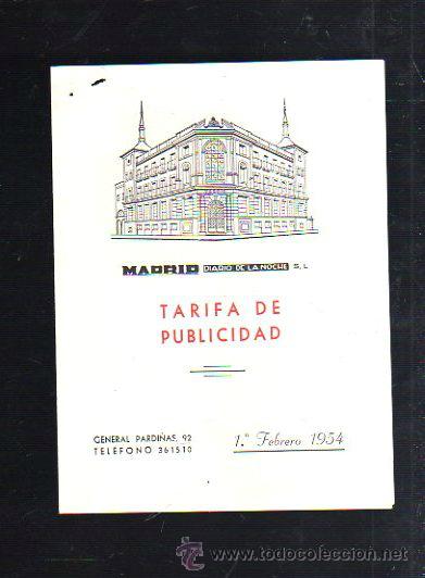 Werbekataloge: MADRID. DIARIO DE LA NOCHE. TARIFA DE PUBLICIDAD. FEBRERO 1954. VER