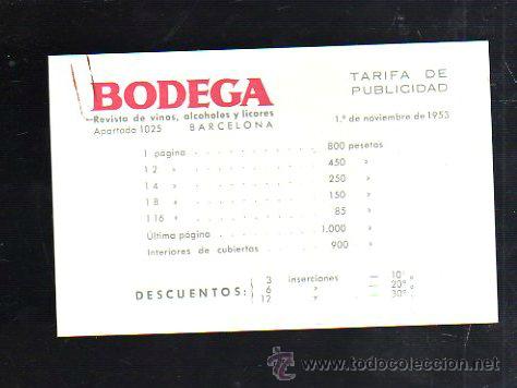 Werbekataloge: BODEGA. REVISTA DE VINOS, ALCOHOLES Y LICORES. TARIFA DE PUBLICIDAD. NOVIEMBRE 1953. VER