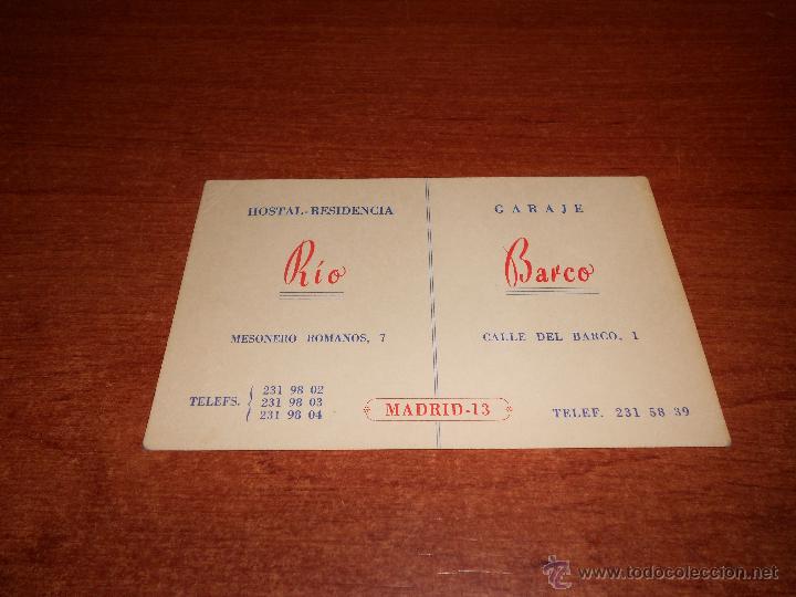 Cat&aacute;logos publicit&aacute;rios: PUBLICIDAD: ANTIGUO FOLLETO DE MANO HOSTAL RESIDENCIA R&Iacute;O Y GARAJE BARCO. MADRID