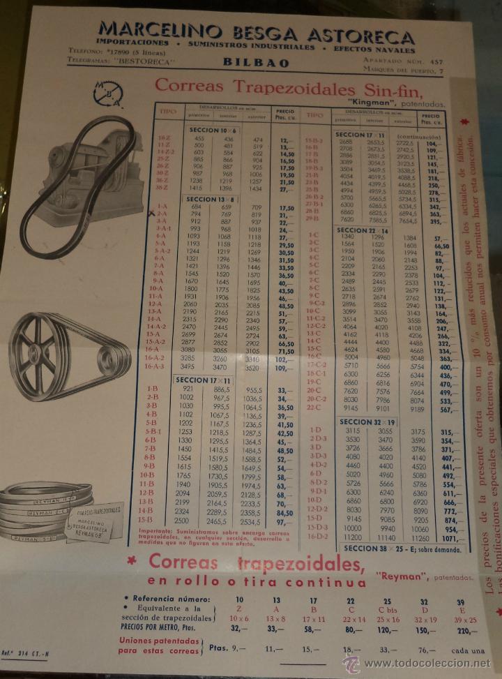 Werbekataloge: MARCELINO BESCA ASTORECA. BIBLAO. PRECIO Y TIPO DE CORREAS TRAPEZOIDALES SIN-FIN. 1954. VER