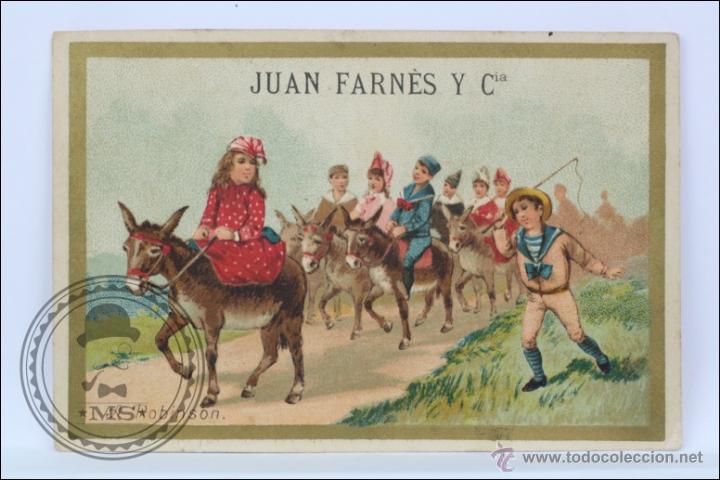 Catalogues publicitaires: Tarjeta de Publicidad de Juan Farn&egrave;s y C&iacute;a - Ni&ntilde;os en Burro. A Robinson - Medidas 11 x 7,5 Cm