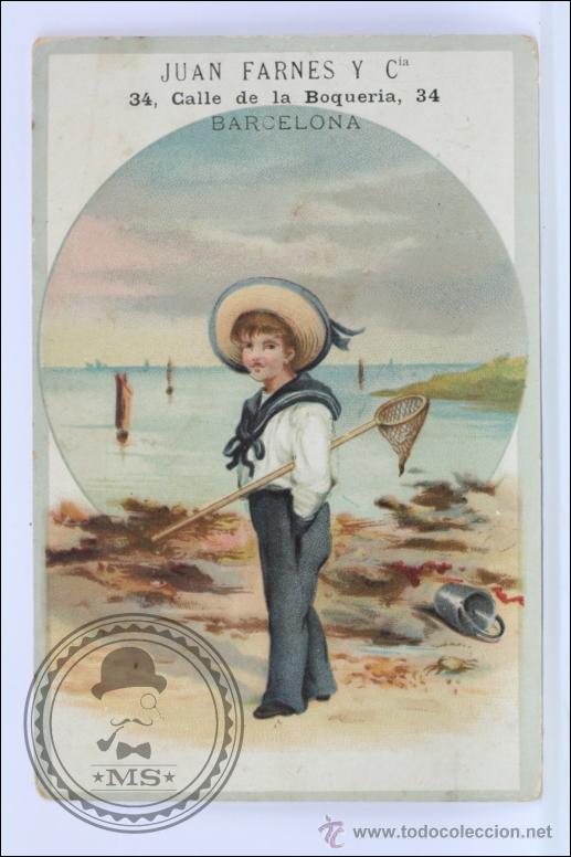 Advertising Catalogs: Tarjeta de Publicidad de Juan Farn&egrave;s y C&iacute;a. Novedades para Se&ntilde;oras - Ni&ntilde;o con Red - 12 x 8 Cm