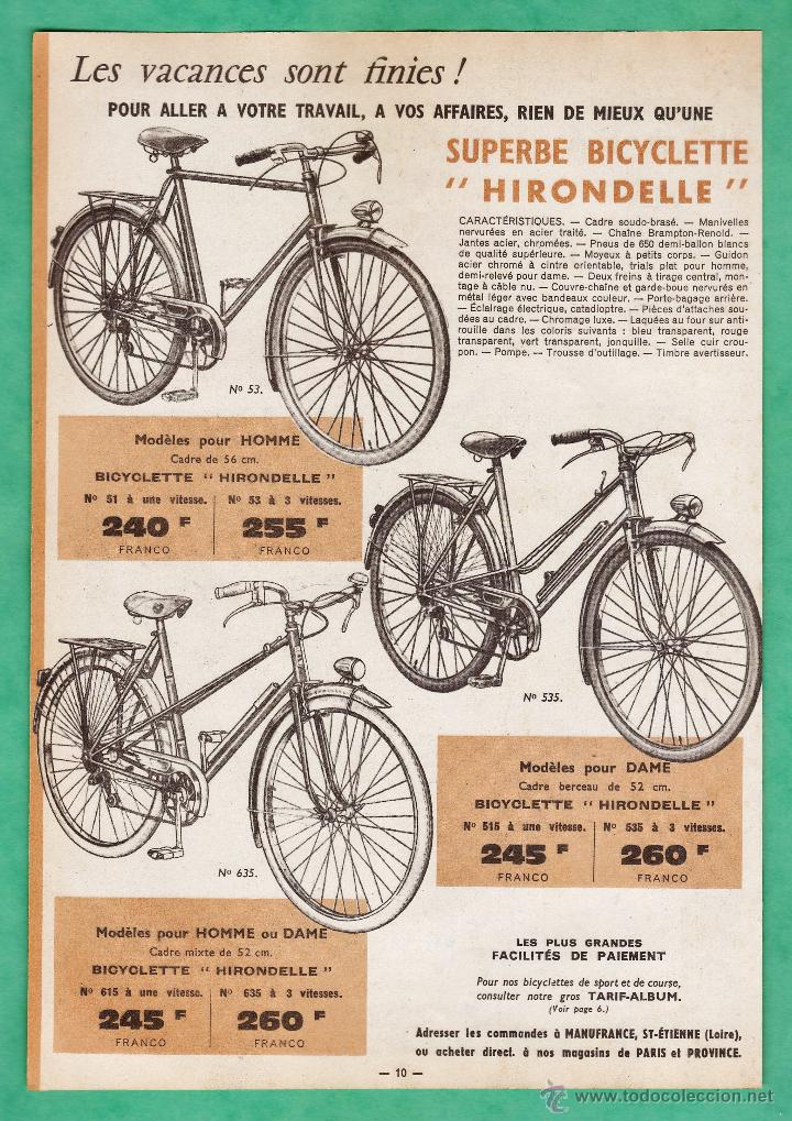 Cat&aacute;logos publicitarios: hoja suelta publicitaria - bicicletas hirondelle - francia - a&ntilde;os 50 / 60