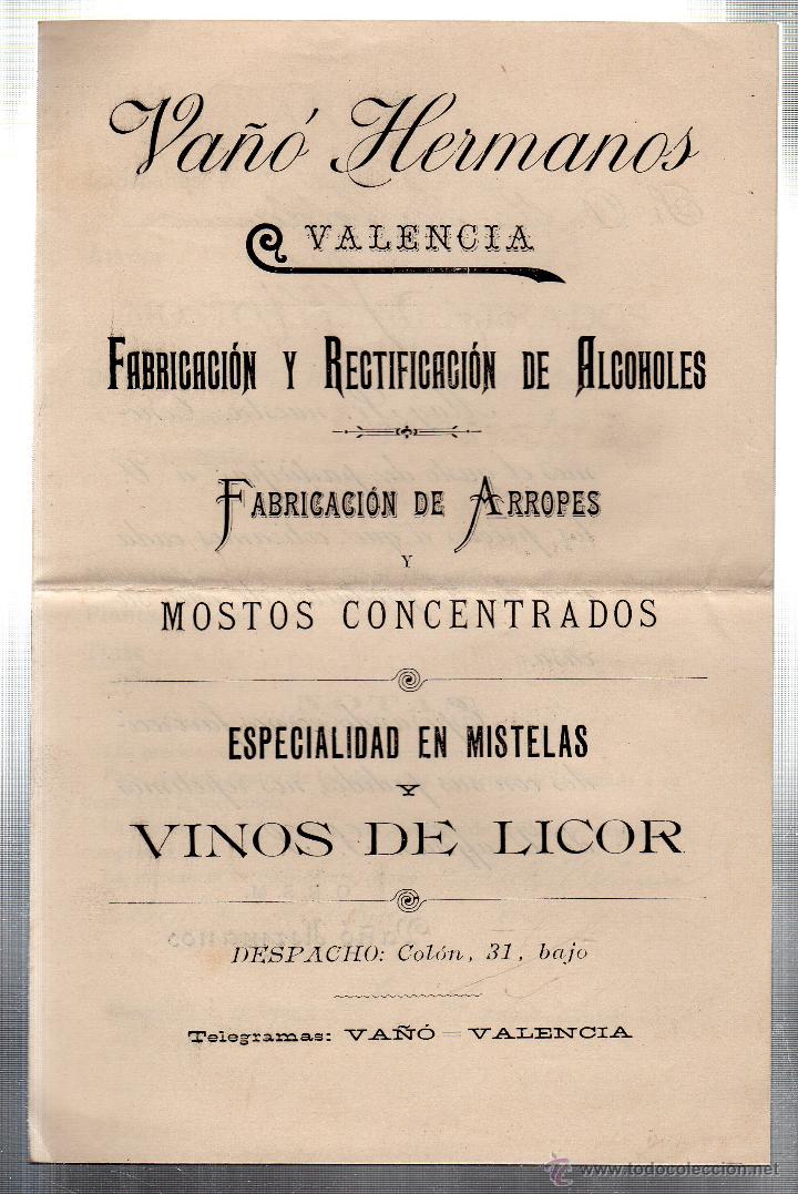 Werbekataloge: VA&Ntilde;O HERMANOS. VALENCIA. FABRICACION Y RECTIFICACION DE ALCOHOLES. VINOS, MISTELAS Y ARROPES. 1900.