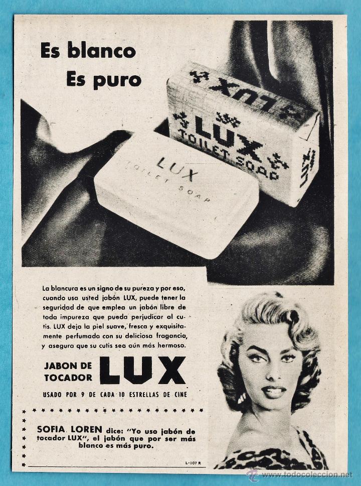Cat&aacute;logos publicitarios: anuncio recortado - jabon de tocador lux / sofia loren - rev destino - pub. s/d - a&ntilde;os 50 - mt