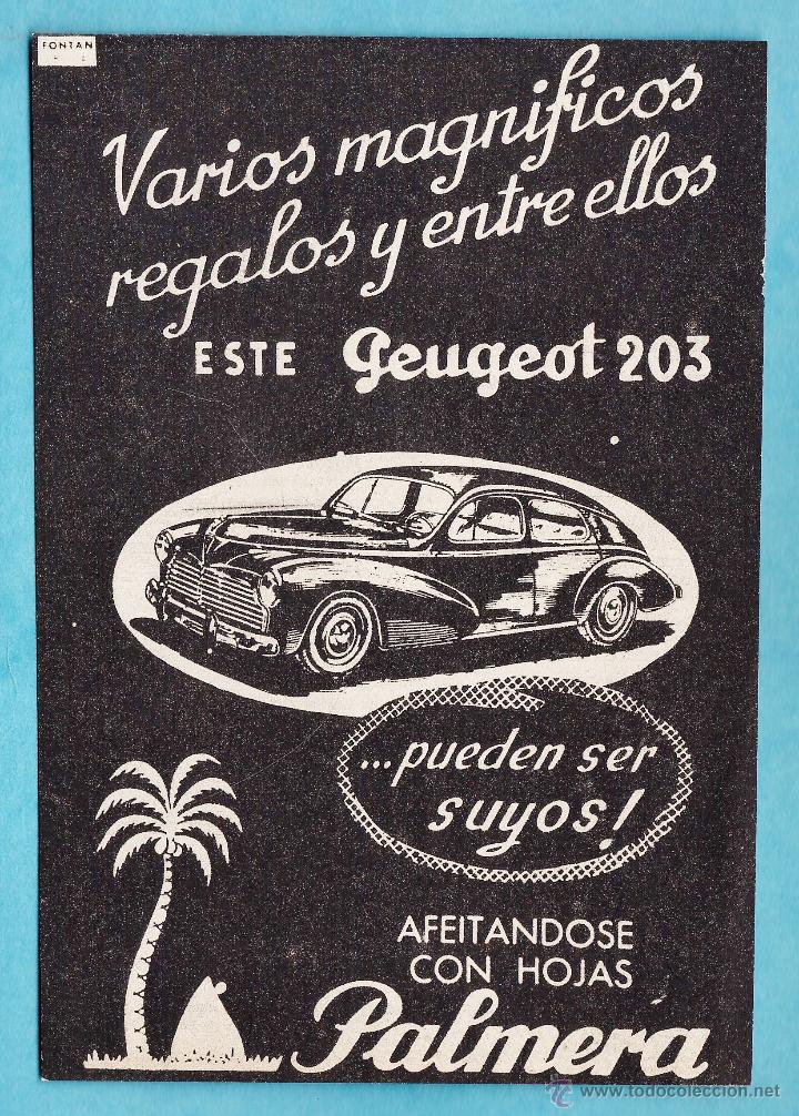 Cat&aacute;logos publicitarios: anuncio recortado - hojas afeitar palmera / sorteo peugeot 203 - rev destino -pub fontan -a&ntilde;os 50 mt