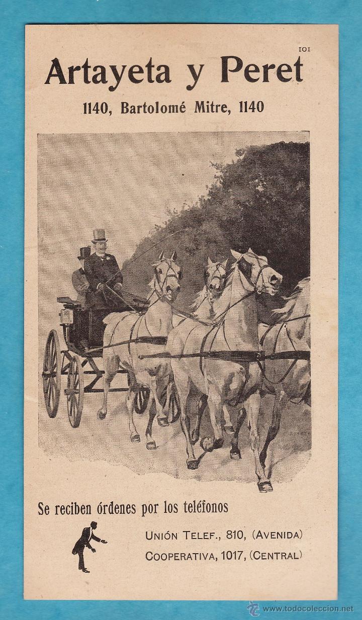 Cat&aacute;logos publicitarios: hoja suelta publicidad - artayeta y peret - taxi coche de caballos - rev. pbt / argentina - a&ntilde;o 1905