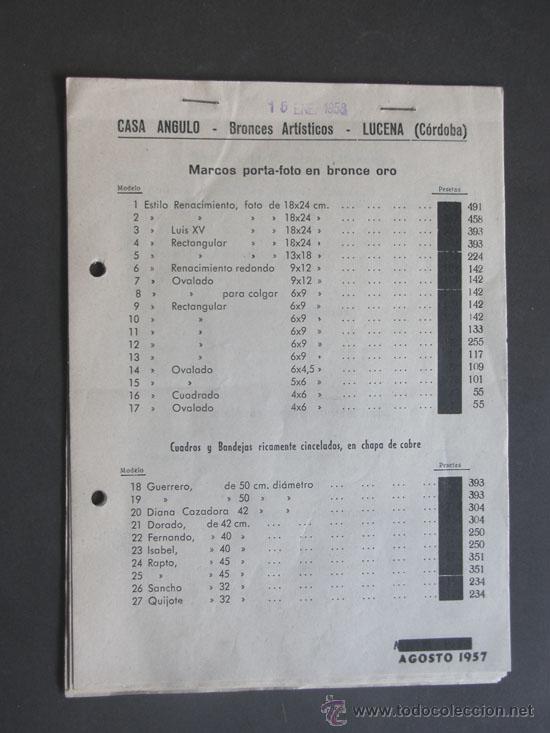 Cat&aacute;logos publicit&aacute;rios: BRONCES ARTISTICOS - CASA ANGULO / TARIFAS DE PRECIOS A&Ntilde;O 1957 / 18 HOJAS / LUCENA / CORDOBA
