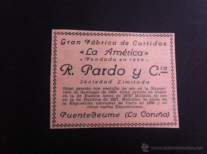 Cat&aacute;logos publicitarios: ANUNCIO PUBLICITARIO (GRAN F&Aacute;BRICA DE CURTIDOS LA AM&Eacute;RICA) PUENTEDEUME, CORU&Ntilde;A