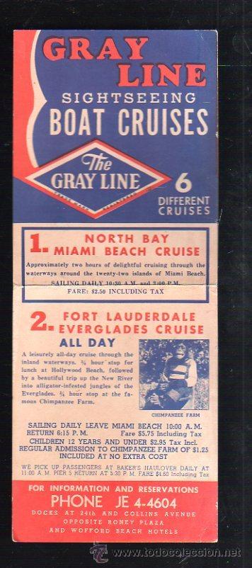 Werbekataloge: FOLLETO PUBLICITARIO. GRAY LINE SIGHTSEEING BOAT CRUISES. THE GRAY LINE. MIAMI BEACH.