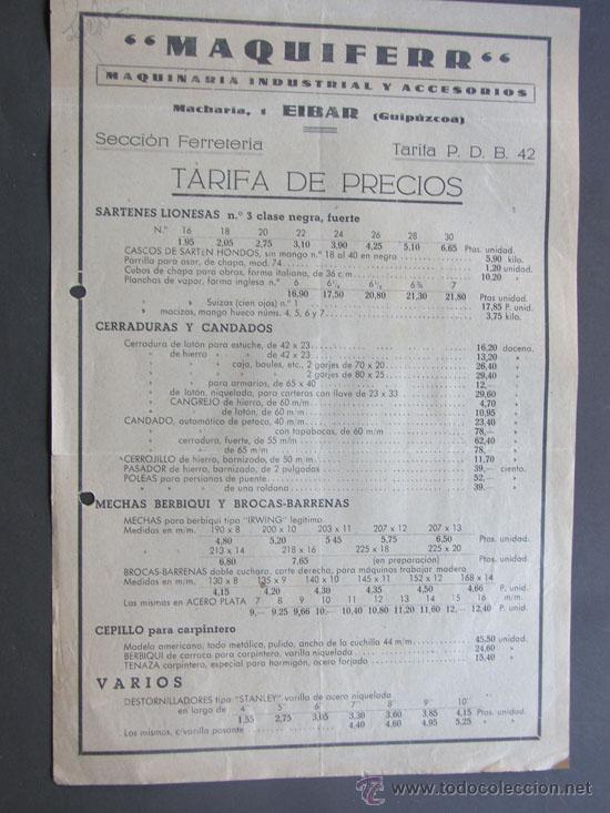 Cat&aacute;logos publicit&aacute;rios: MAQUIFERR / MAQUINARIA INDUSTRIAL / TARIFA DE PRECIOS A&Ntilde;O 1942 / EIBAR / GUIPUZCOA